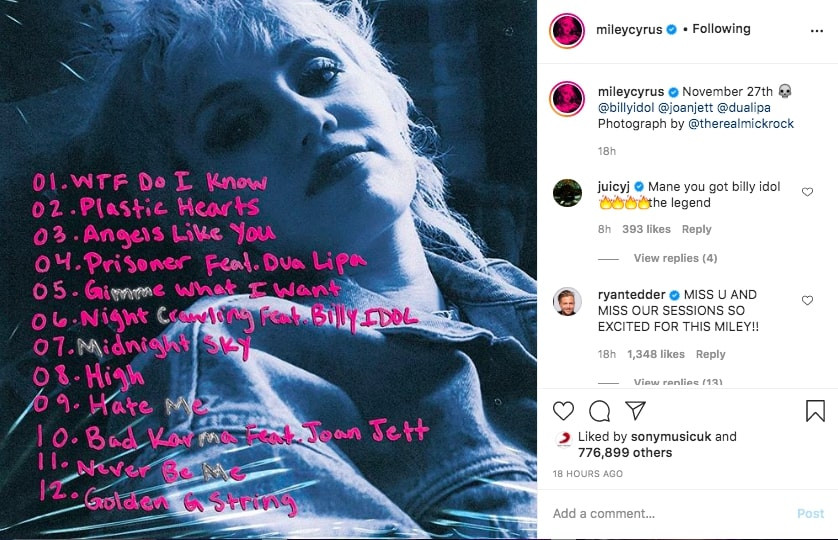 Miley Cyrus releases Plastic Hearts tracklist as she features Dua Lipa